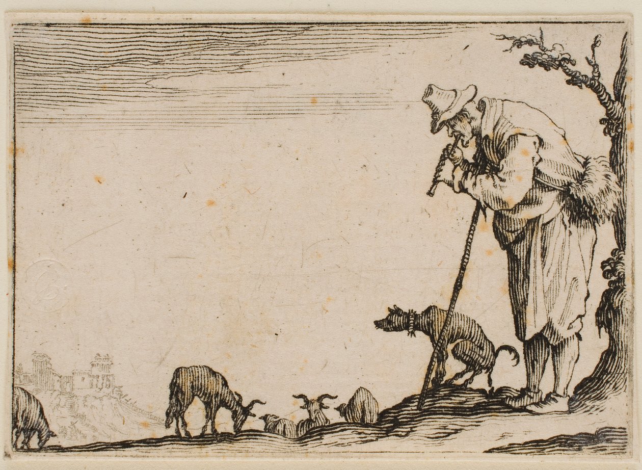 Pastýř hrající na flétnu, z cyklu „Caprices“ (florentské vydání) od Jacques Callot