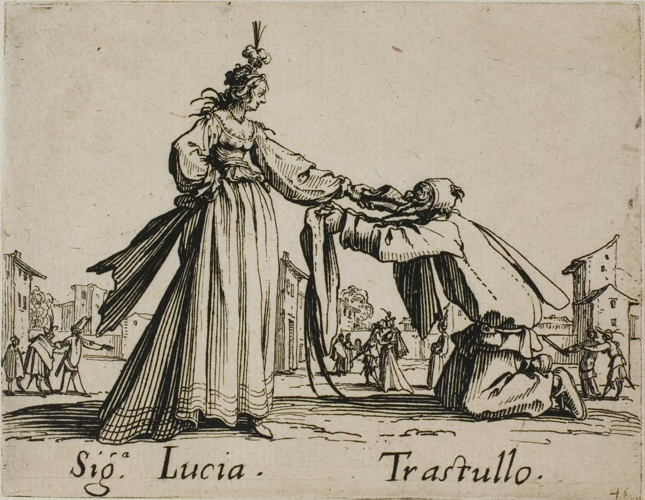 Signora Lucia - Trastullo, talíř 21 od Balli di Sfessania od Jacques Callot