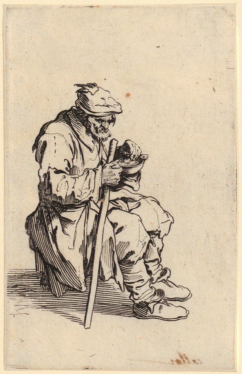 Sedící žebráci při jídle, list 24 ze série „Žebráci“ od Jacques Callot
