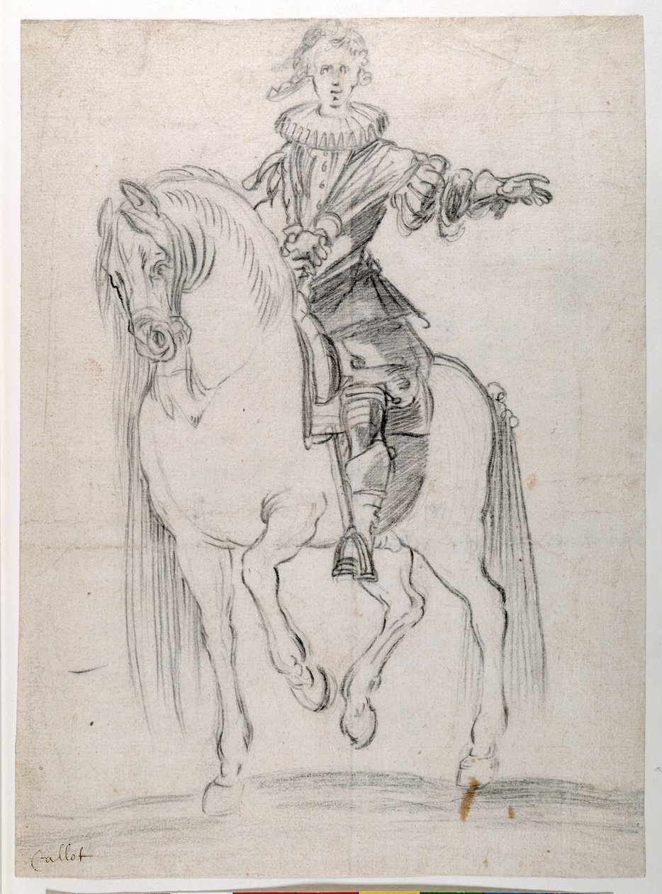 Skica pro Ludvíka XIII na koni (černá křída na papíře) od Jacques Callot