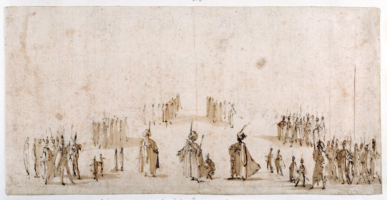 Skica pro inscenaci skupin postav v "Il Solimano" (tužka a hnědá tuš s hnědým lakem na červené křídě) od Jacques Callot