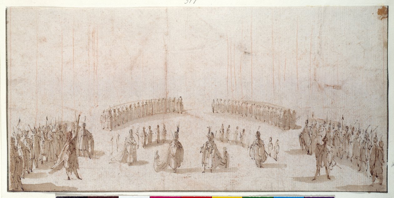 Skica pro inscenaci skupin postav v "Il Solimano" (tužka a hnědá tuš s hnědým lakem na červené křídě) od Jacques Callot