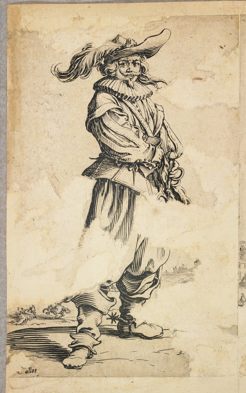 Voják s opeřeným kloboukem, z La Noblesse de Lorraine (verso), kolem 1620-23 od Jacques Callot