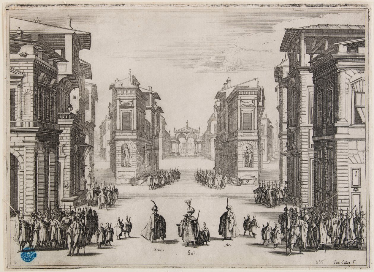 Soliman, 1. dějství. Druhé číslo ze souboru 6 kusů (Lieure 364, Meaume 435) od Jacques Callot