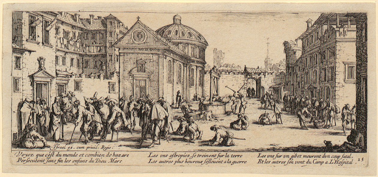 Nemocnice, list 15 ze série „Šedé stránky války“ od Jacques Callot