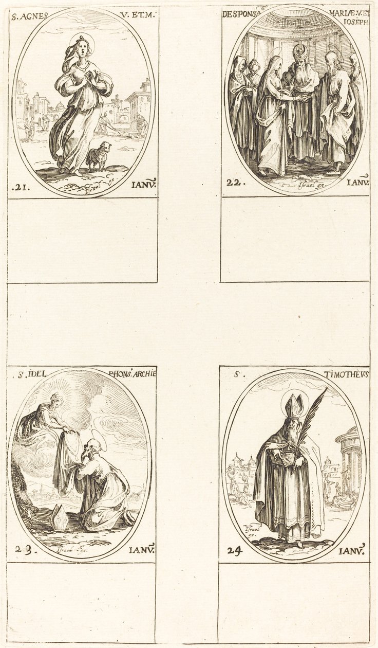 svatá Anežka; Svatba Panny; Svatý Ildefonsus; Svatý Timoteus od Jacques Callot