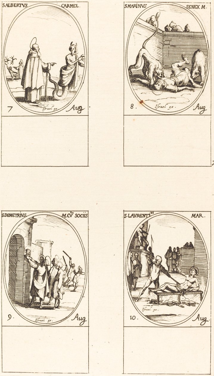 sv. Albert ze Sicliy, karmelitán; sv. Marinus; sv. Demetrius a společníci; St. Lauren od Jacques Callot