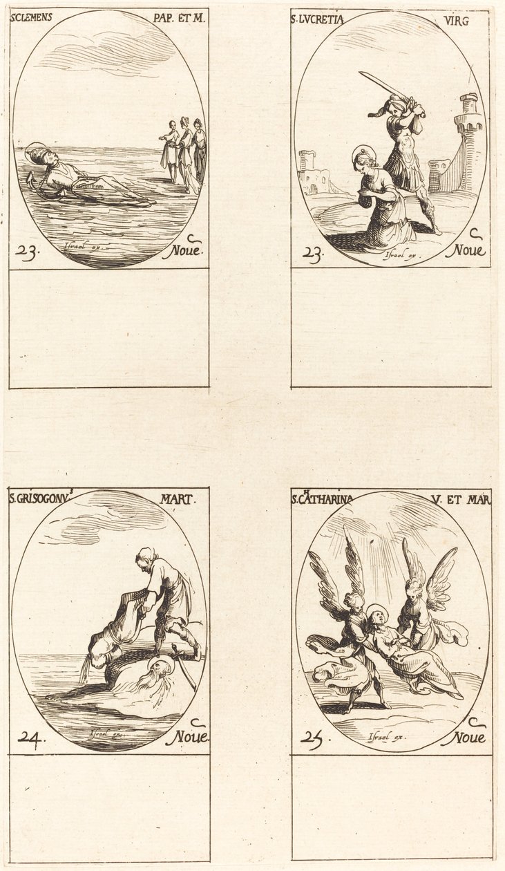Svatý Kliment; Svatá Lukrécie; sv. Chrysogonus; Svatá Kateřina od Jacques Callot