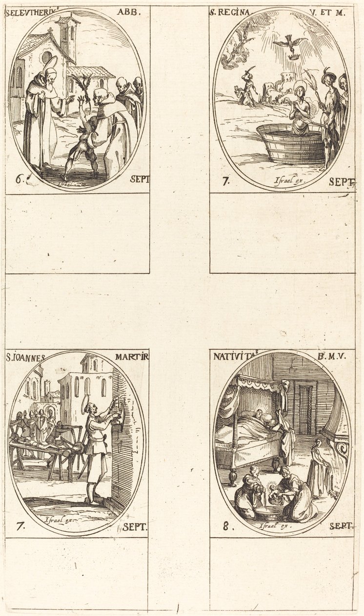 sv. Eleutherius, opat; Svatá Regina; Svatý Jan; Narození Panny Marie od Jacques Callot