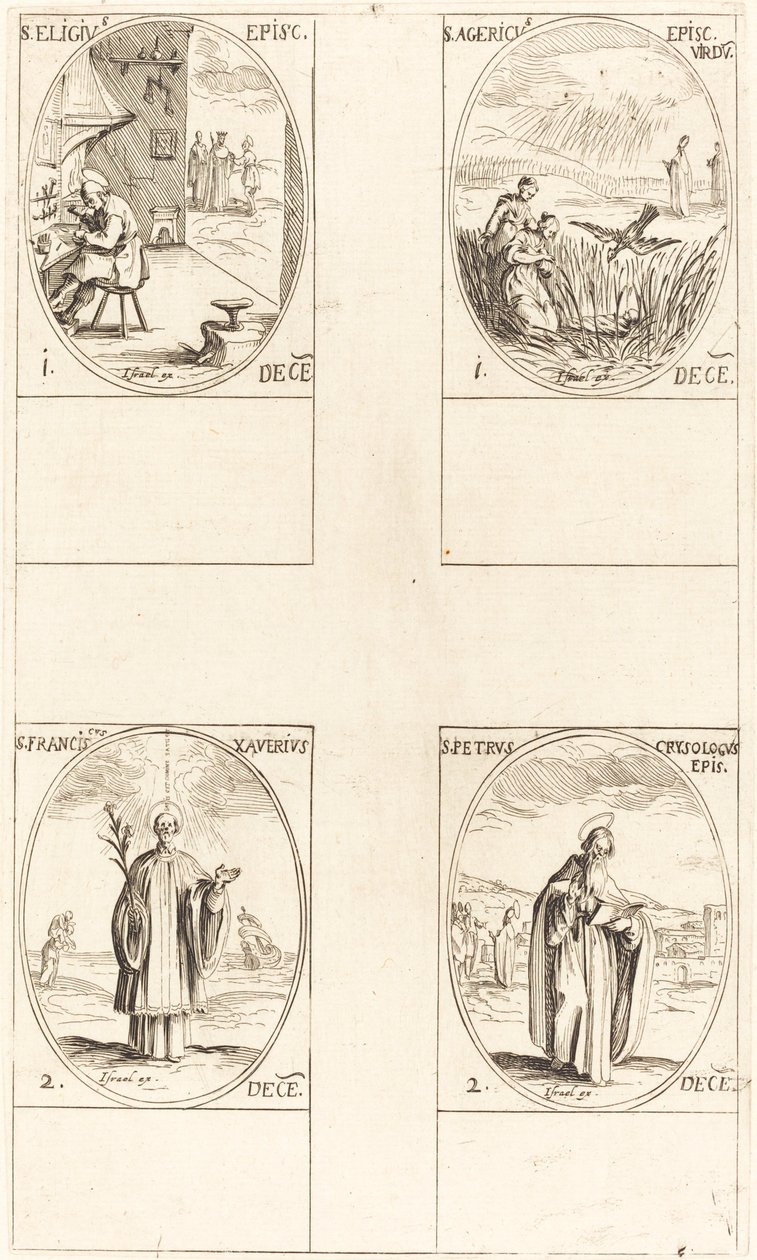 sv. Eligius; Svatý Agericus; svatý František Xaverský; Svatý Petr Chrysologus od Jacques Callot