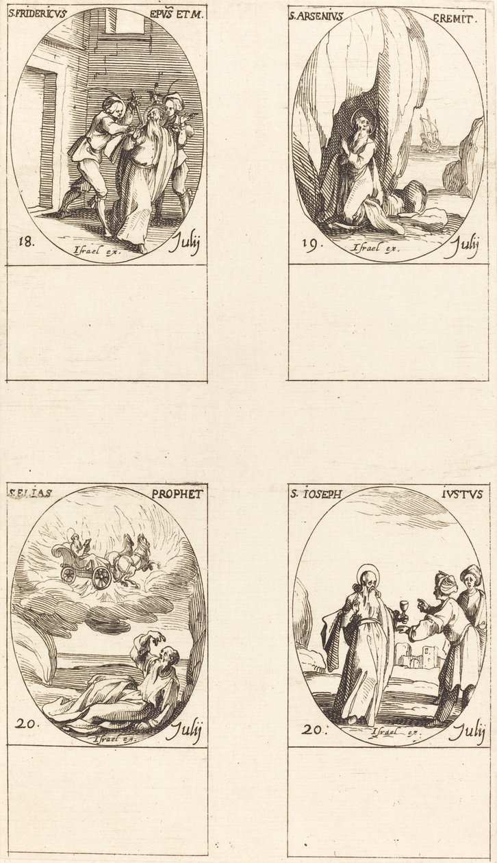 Svatý Fridrich; Svatý Arsenius, poustevník; sv. Eliáš, prorok; Svatý Josef Spravedlivý od Jacques Callot