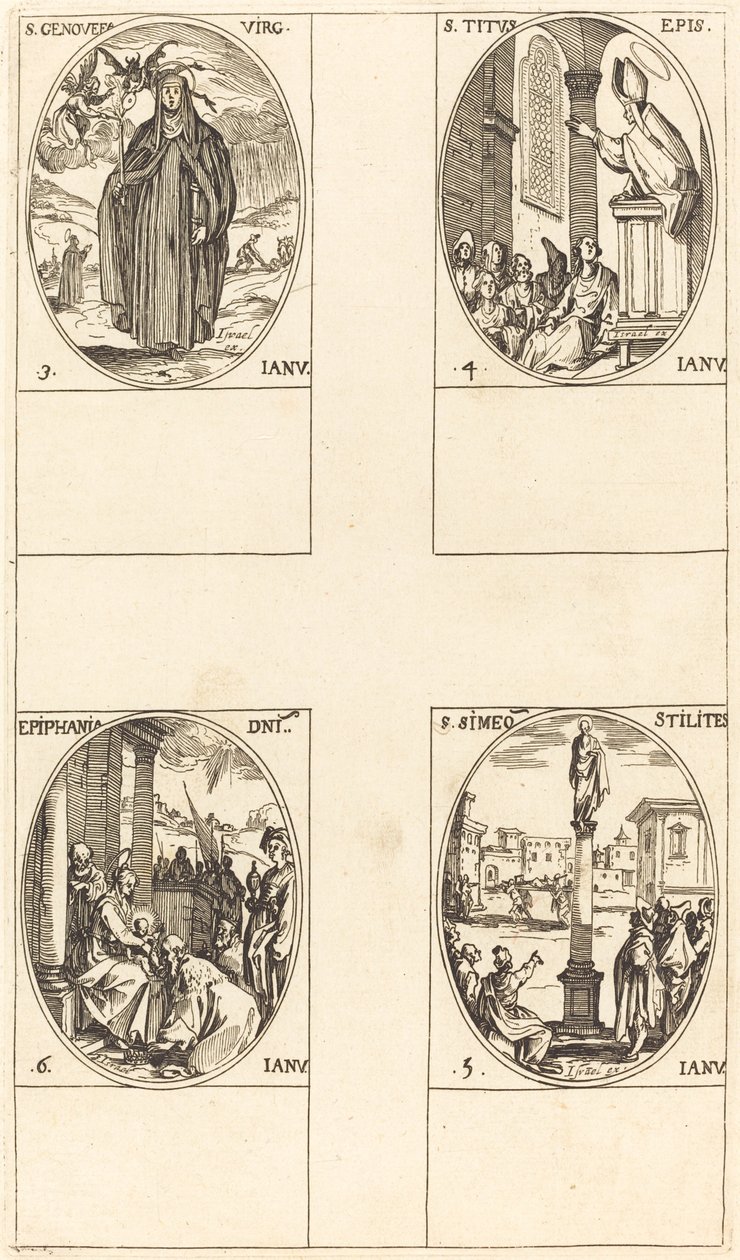 Svatá Genevieve; Svatý Titus; St. Simeon Stylites; Epiphany od Jacques Callot