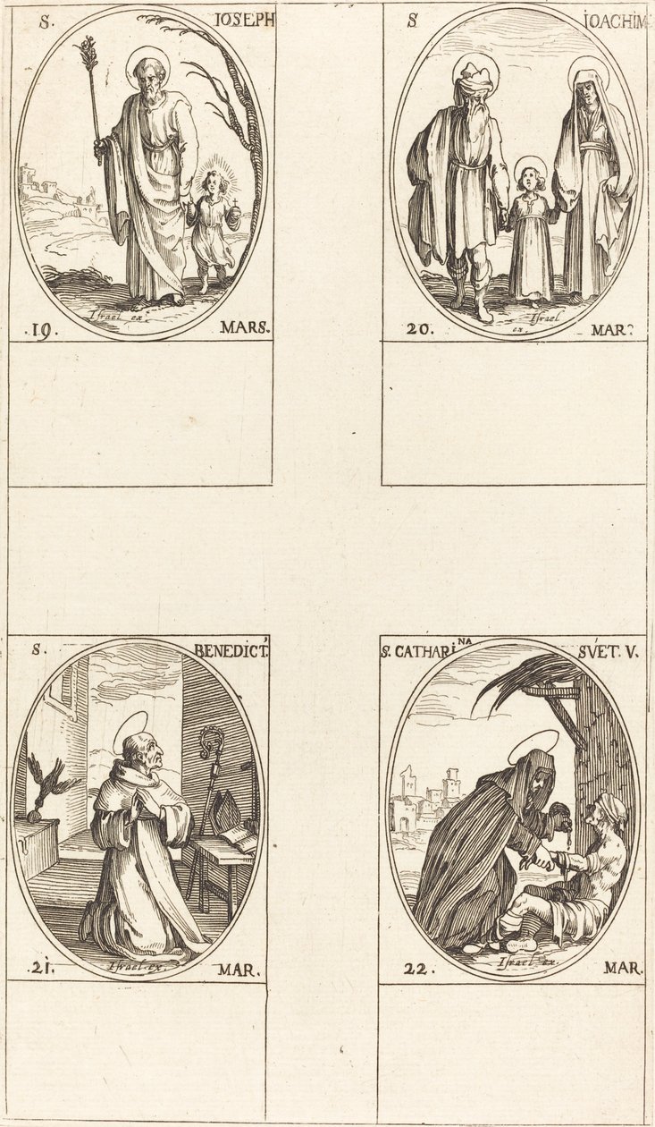 Svatý Josef; Svatý Joachim; Svatý Benedikt, opat; Svatá Kateřina Švédská od Jacques Callot