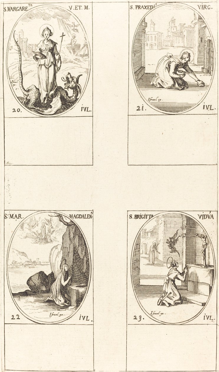 svatá Markéta Antiochijská; sv. Praxedes; svatá Máří Magdalena; Svatá Brigita Švédská od Jacques Callot