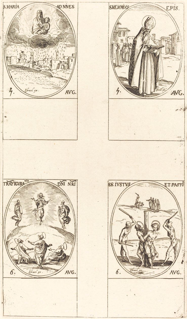 Svatá Marie Sněžná, sv. Memmius, biskup, Proměnění, sv. Justus a Pastor. od Jacques Callot