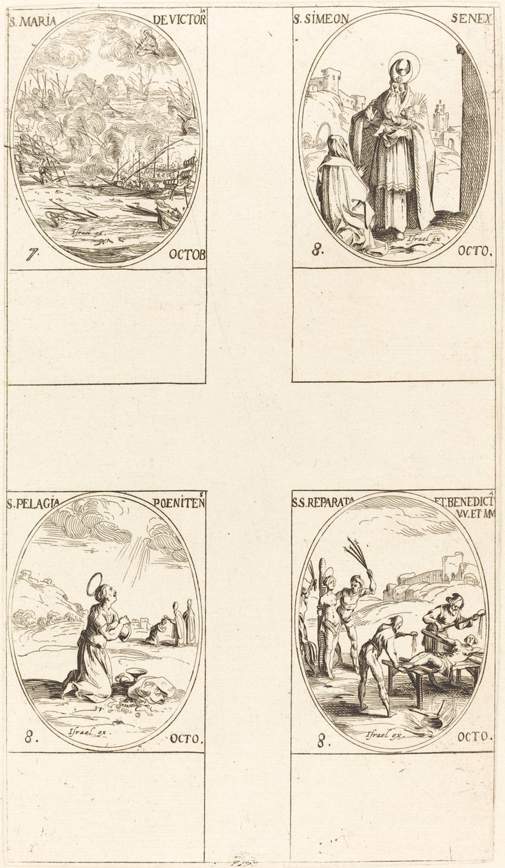 Svatá Marie Vítězná, sv. Simeon, prorok, sv. Pelagia, sv. Reparata a Benedicta. od Jacques Callot