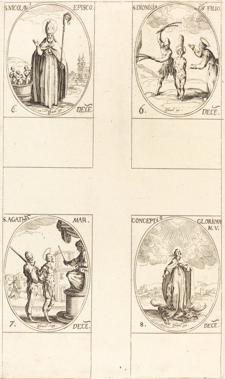 Mikuláše; sv. Dionisie a syn; Svatá Agáta; Početí Panny od Jacques Callot