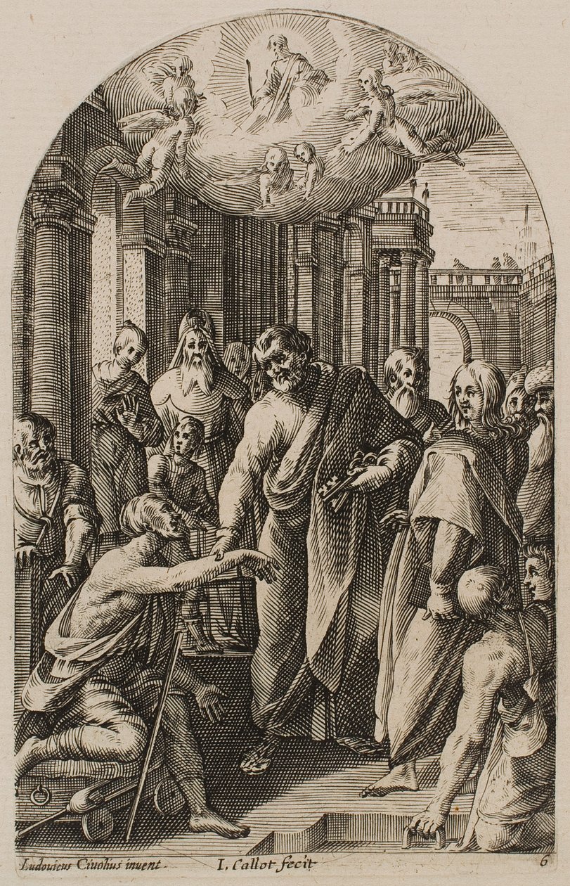 Svatý Petr a svatý Jan uzdravují chromého u vchodu do chrámu, ze série „Obrázky z Říma“ od Jacques Callot