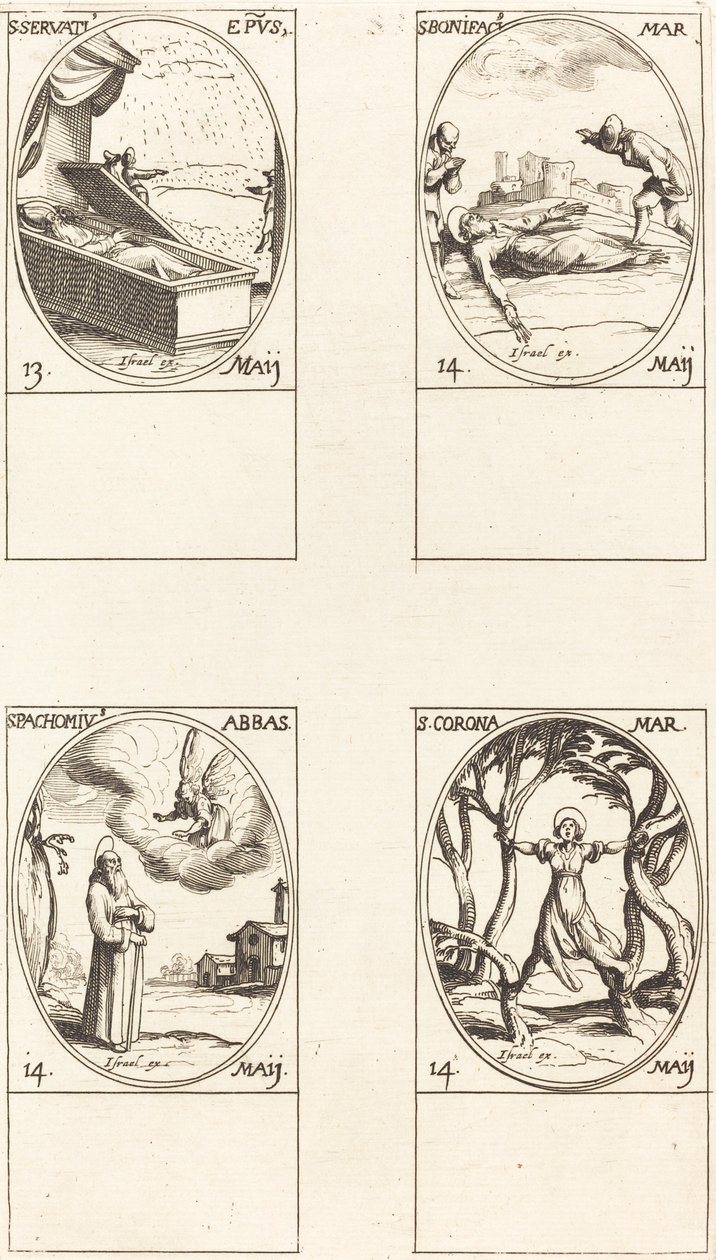 sv. Servatius; Svatý Bonifác; Svatý Pachomius; Svatá Korona od Jacques Callot