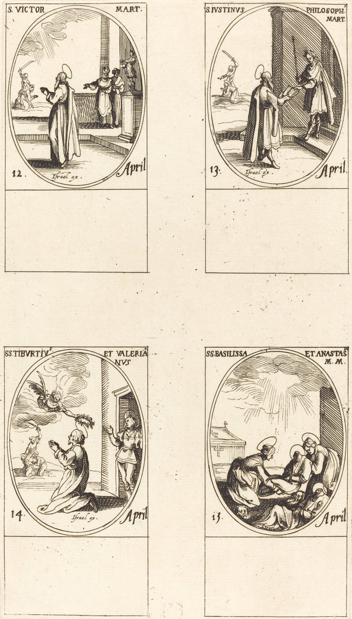 Svatý. Vítěz; Svatý. Justin; Svatí Tiburtius a Valerian; Svatí Basilissa a Anastasia od Jacques Callot