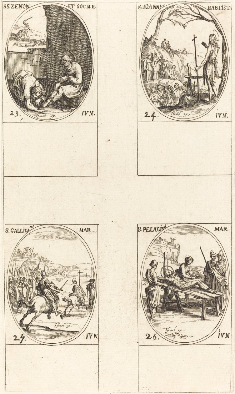 Sv. Zenon a tovaryši, sv. Jan Křtitel, sv. Gallikán, sv. Pelagius. od Jacques Callot
