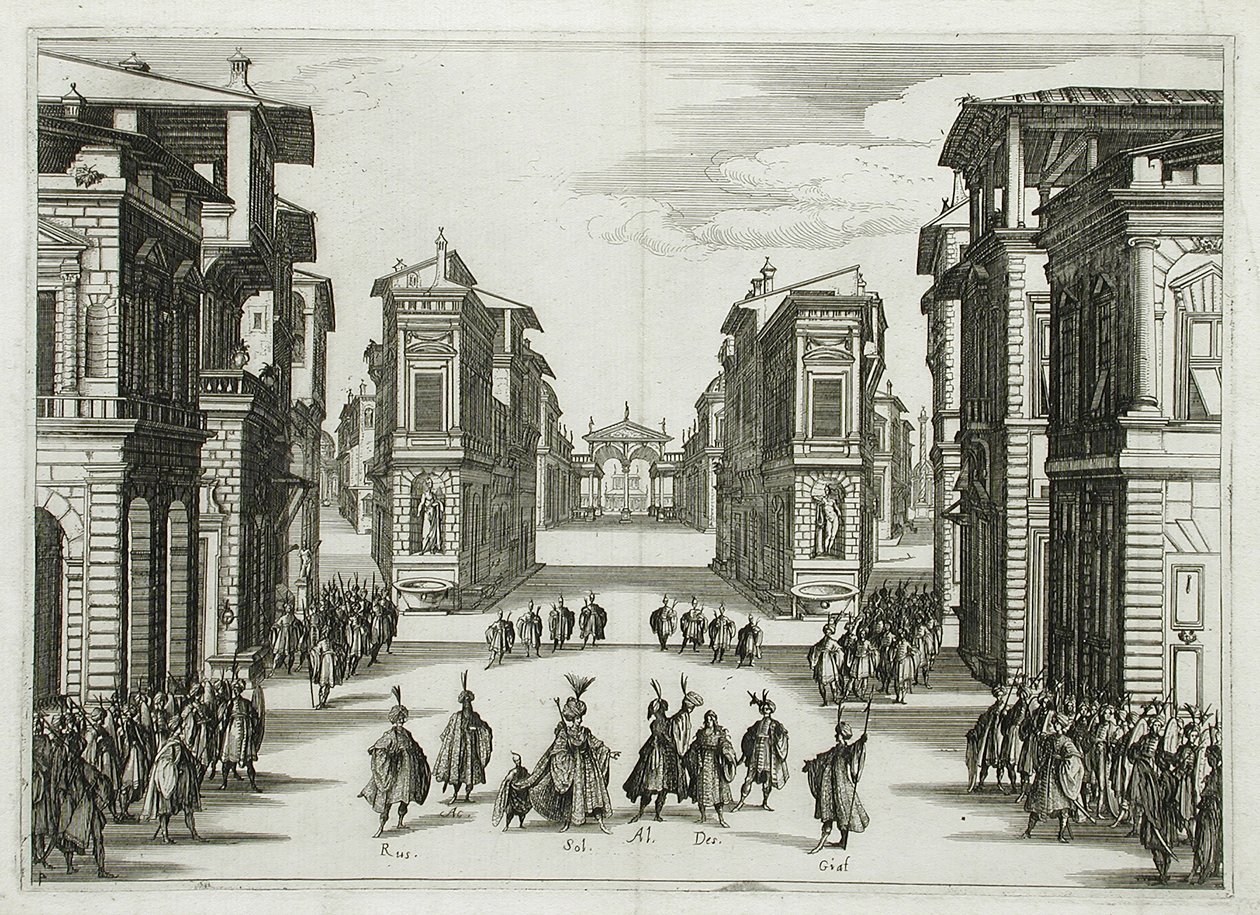Návrh jevištní výpravy pro „Il Solimano“, IV. dějství od Jacques Callot