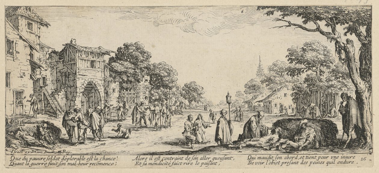 Umírající na okraji silnice, list č. 16 ze série „Hrůzy války“ od Jacques Callot