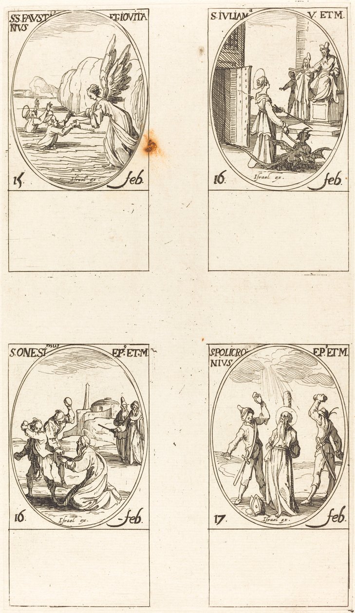 Svatí Faustinus a Jovita; Svatý. Juliana; Svatý. Máme jeden; Svatý. Polychronius od Jacques Callot