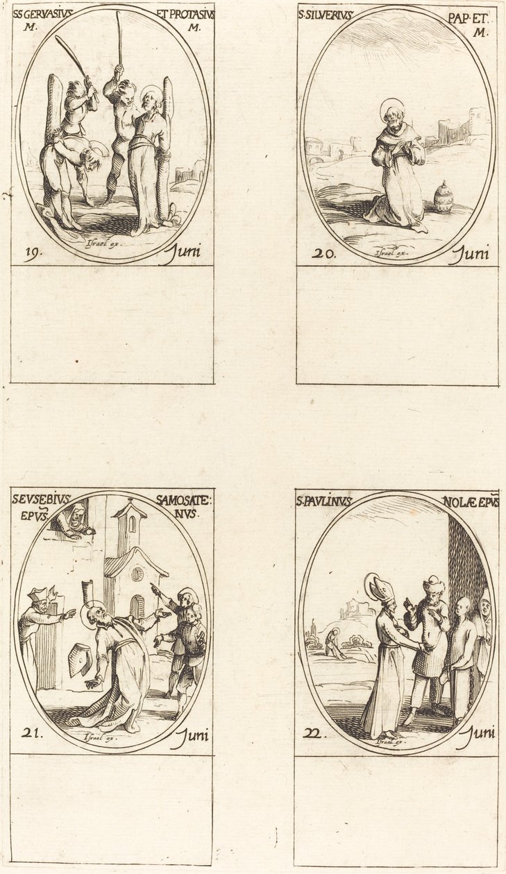 sv. Gervase a Protase; St. Silverius; Svatý Eusebius ze Samosaty; Svatý Paulinus z Noly od Jacques Callot
