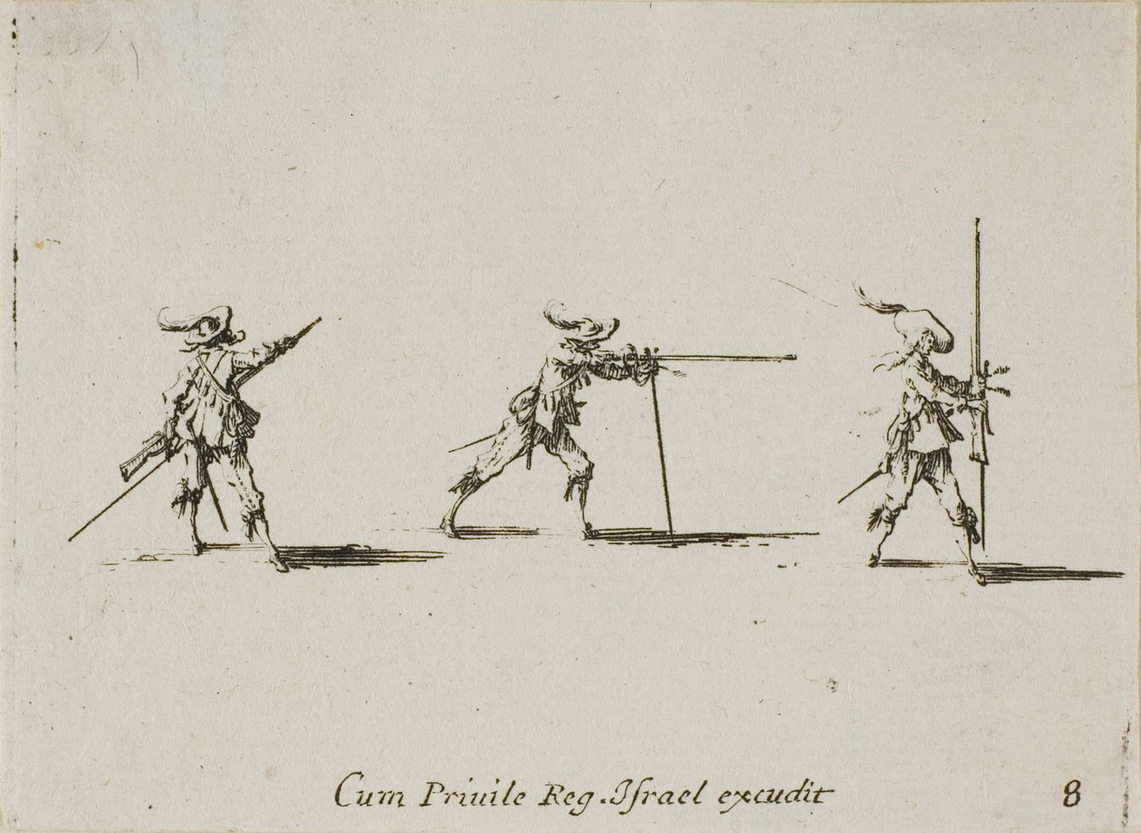 Zaujměte palebnou pozici s mušketou, deska osm z Vojenských cvičení od Jacques Callot