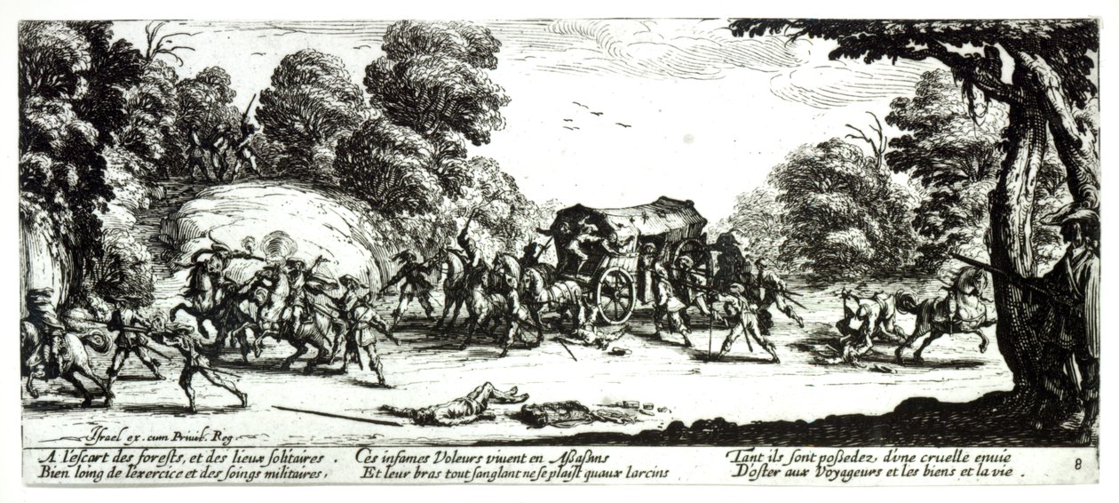 The Attack on the Stagecoach, deska 8 z „The Miseries and Misfortunes of War“, vyryla Israel Henriet (c.1590-1661) 1633 od Jacques Callot