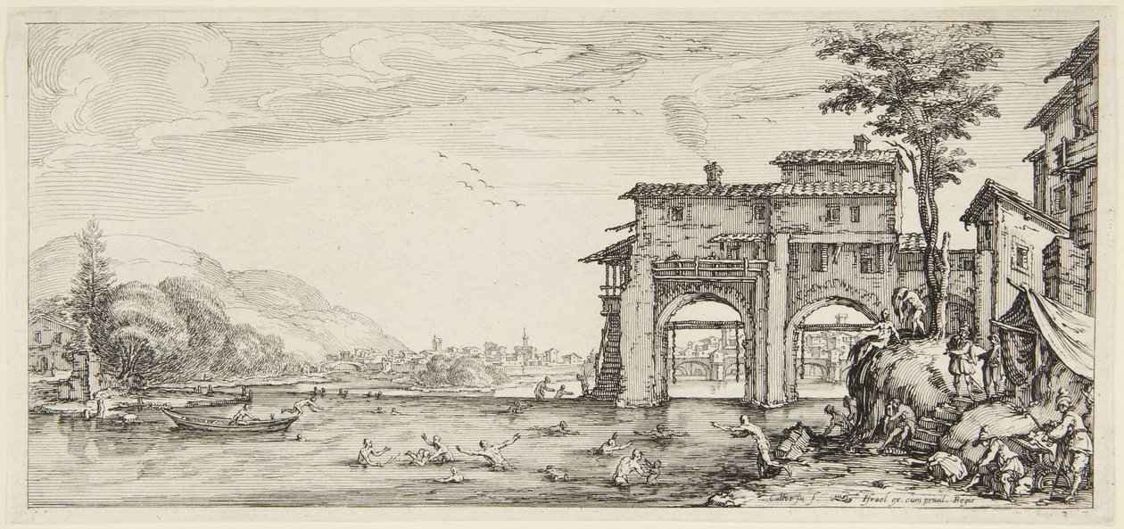 Koupající se, ze série „Paysages gravées pour Jean de Médicis, Paysages dessinés à Florence“ (Krajiny pro Giovanniho de Medici neboli krajiny navržené ve Florencii) od Jacques Callot