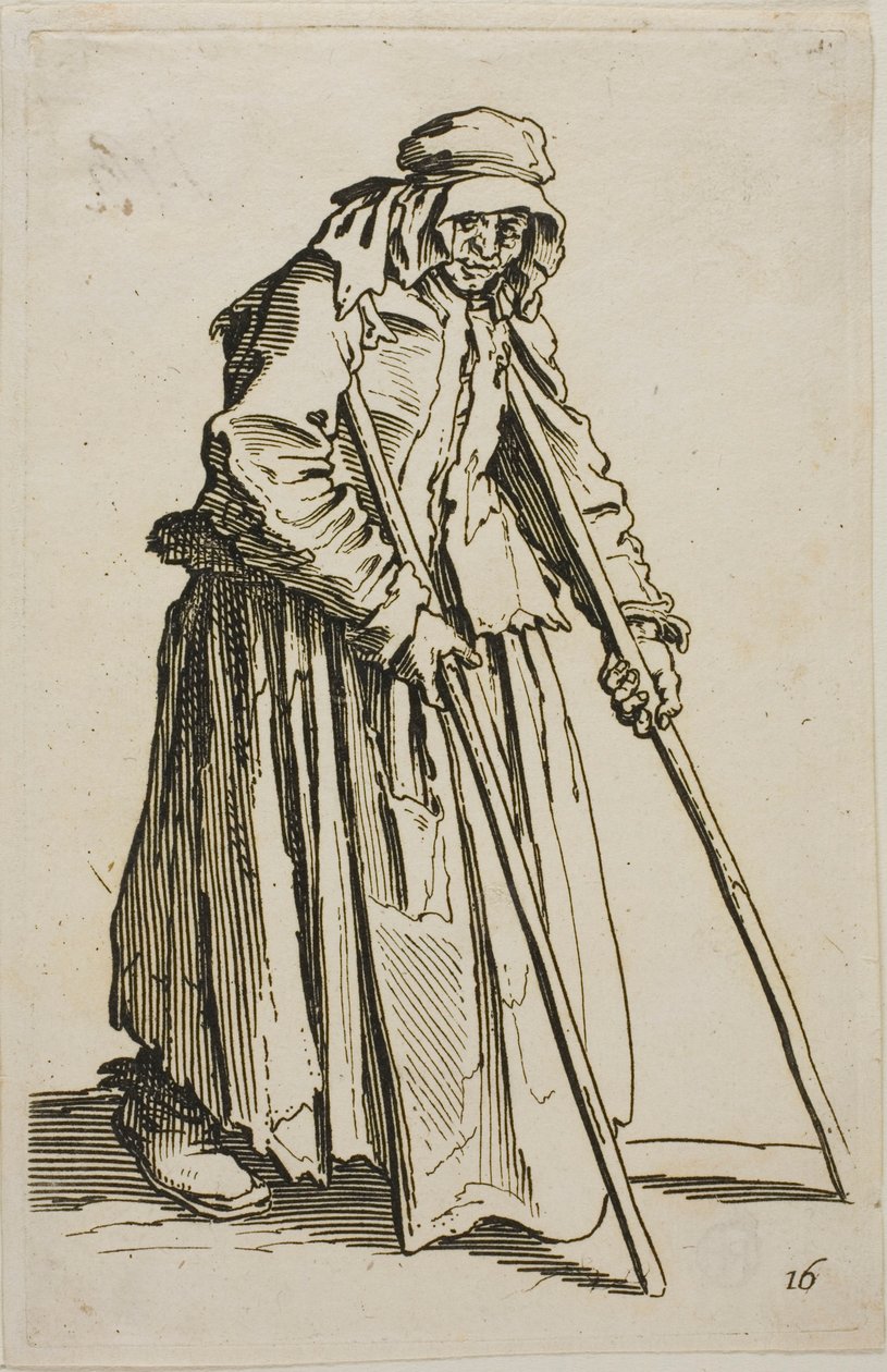 Žebrák o berlích a jeho žebrácká peněženka, desátý talíř z knihy Žebráci od Jacques Callot