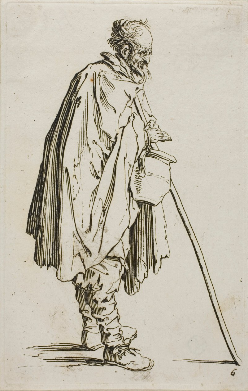 The Beggar with a Footwarmer, šestý talíř z The Beggars od Jacques Callot