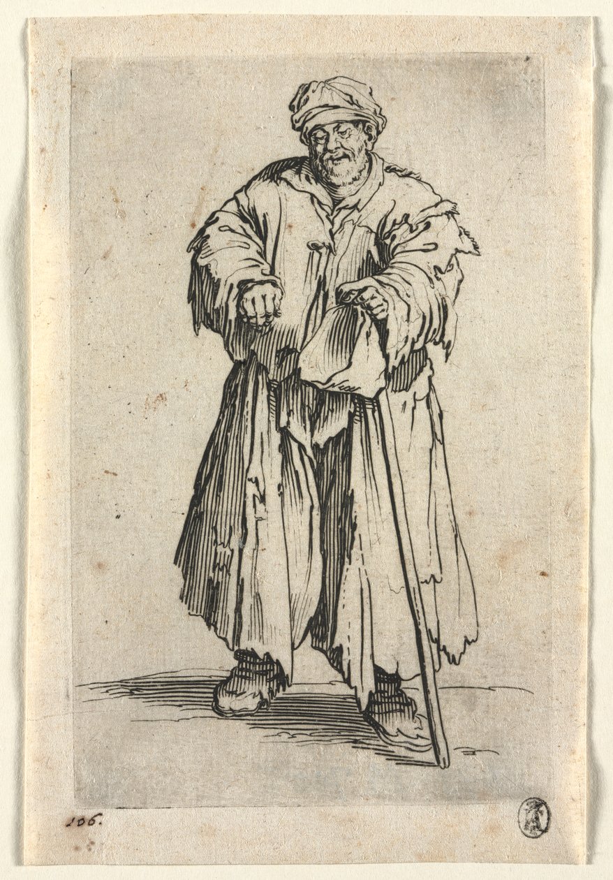 The Beggars: Obézní žebrák se sklopenýma očima od Jacques Callot