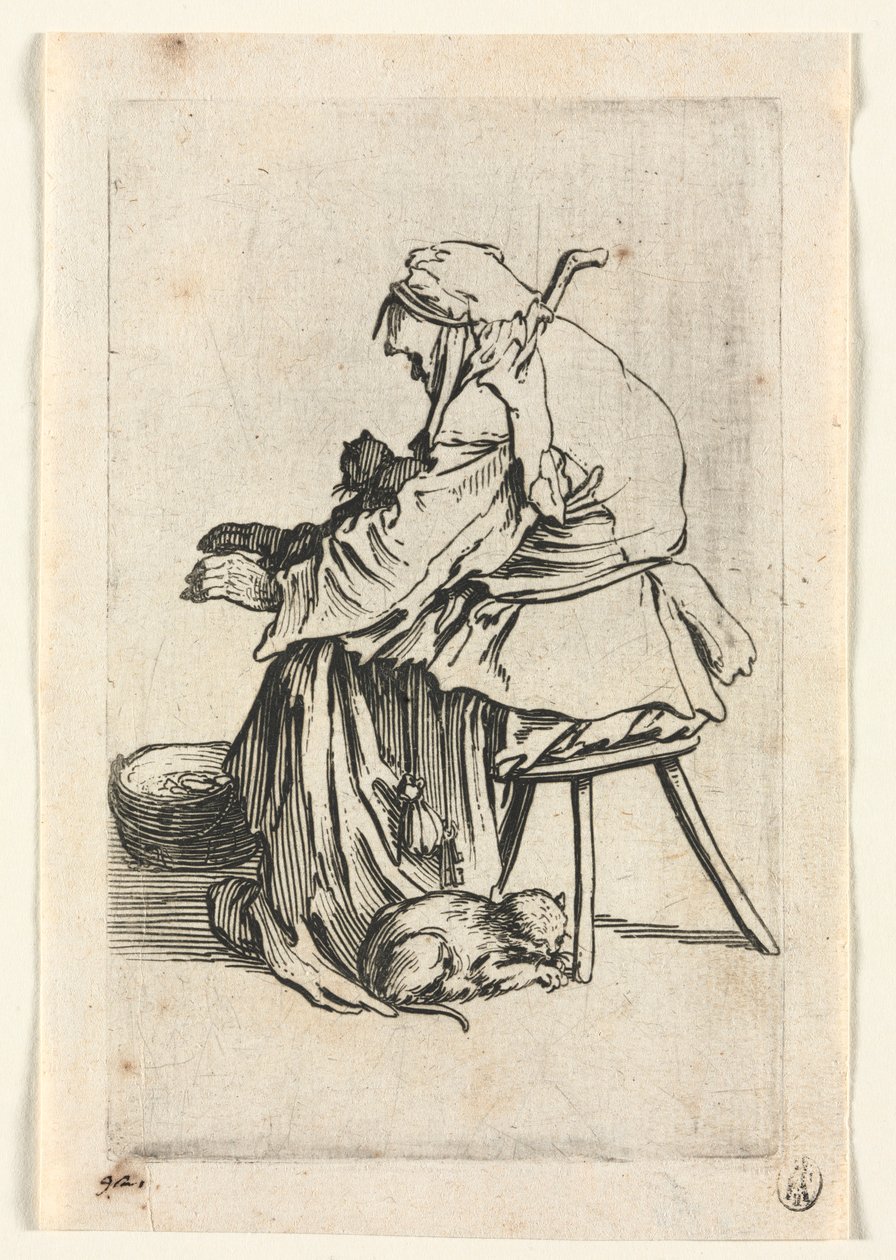 Žebráci: Stará žena a kočky, c. 1623. od Jacques Callot