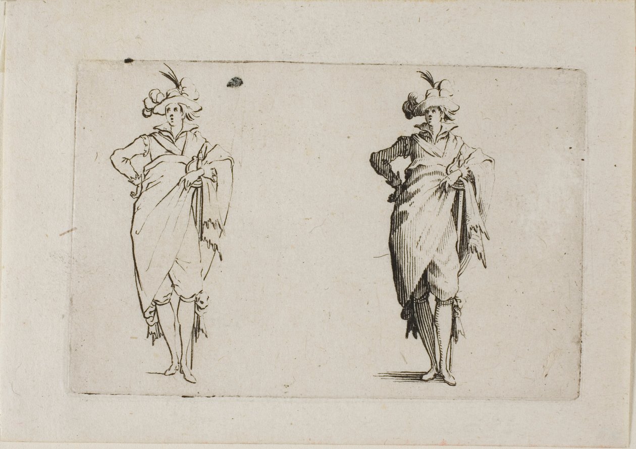 Gentleman viděný zepředu, s pravou rukou na boku, z The Caprices od Jacques Callot