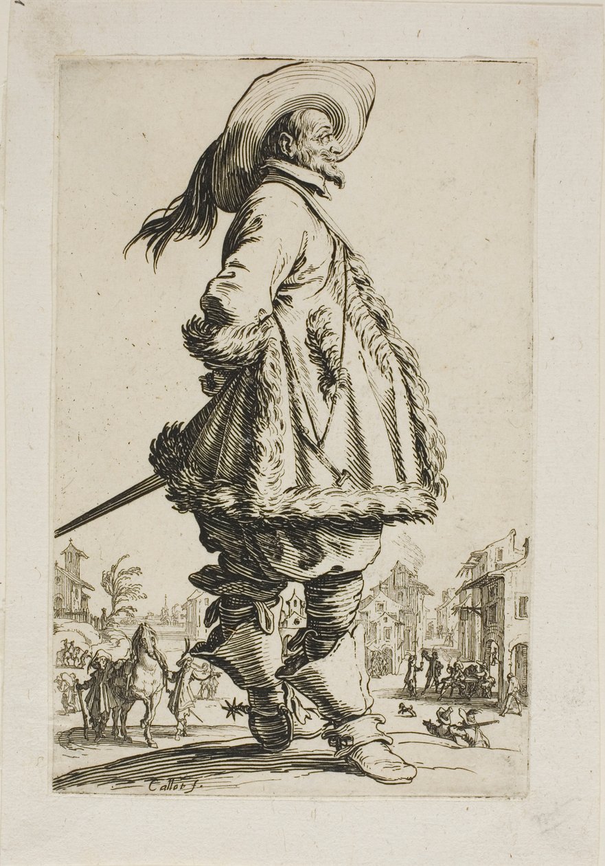 Gentleman v plášti lemovaném kožešinou, držící ruce za zády, deska sedm z La Noblesse od Jacques Callot