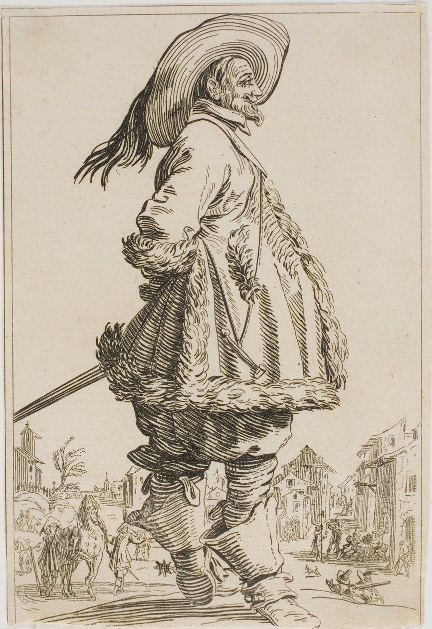 Gentleman v kožešinou lemovaném plášti s rukama za zády, ze série The Nobility of Lorraine od Jacques Callot