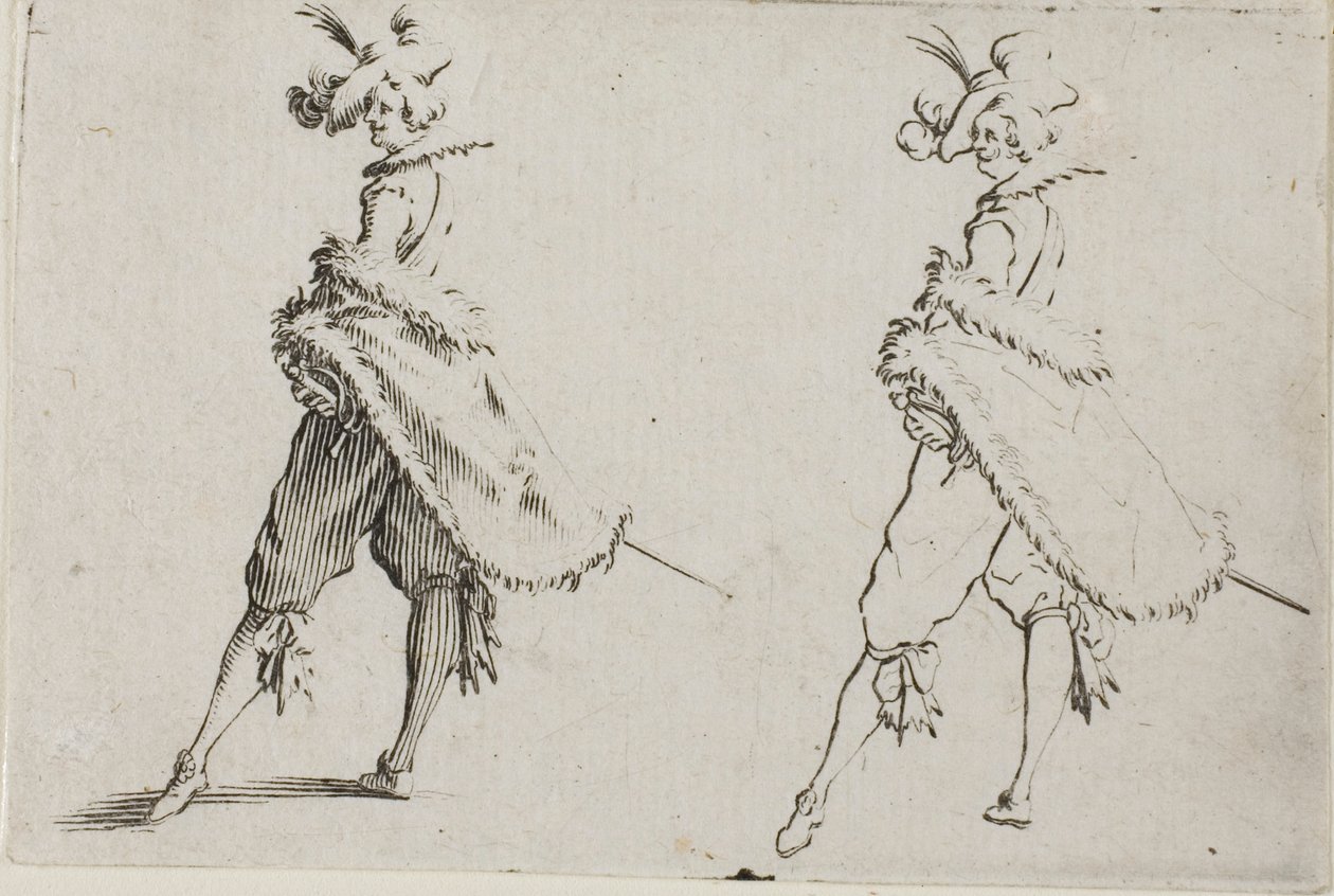 Gentleman s kabátem, pózování s rukama v bok, z The Caprices od Jacques Callot