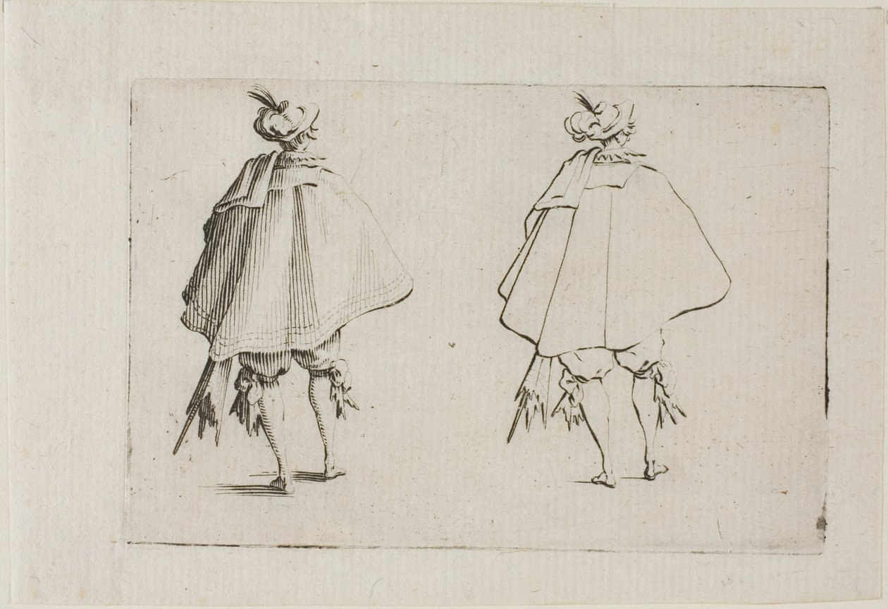 Gentleman s velkým kabátem, viděno zezadu, z The Caprices od Jacques Callot