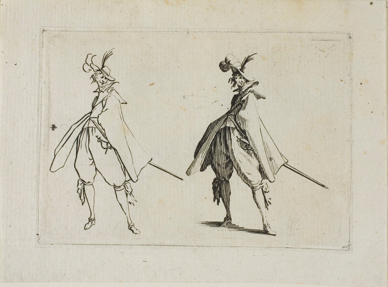 Gentleman s velkým kabátem, viděno zepředu, z The Caprices od Jacques Callot