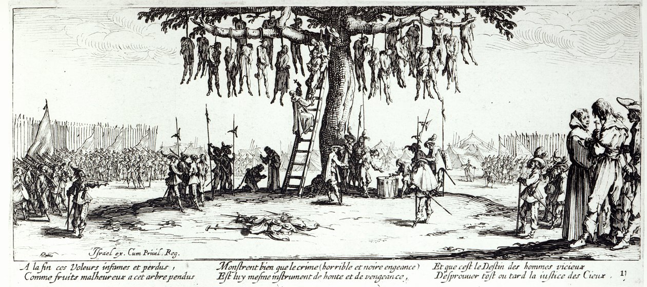 The Hanging, deska 11 z „The Miseries and Misfortunes of War“, vyryla Israel Henriet (c.1590-1661) 1633 od Jacques Callot