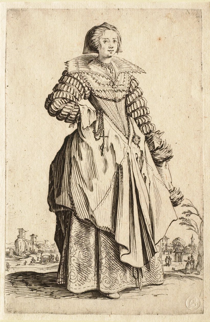 Dáma s velkým límcem a čepcem spadajícím dozadu (La dame à la grande collerette et à la coiffe retombant en arrière) od Jacques Callot