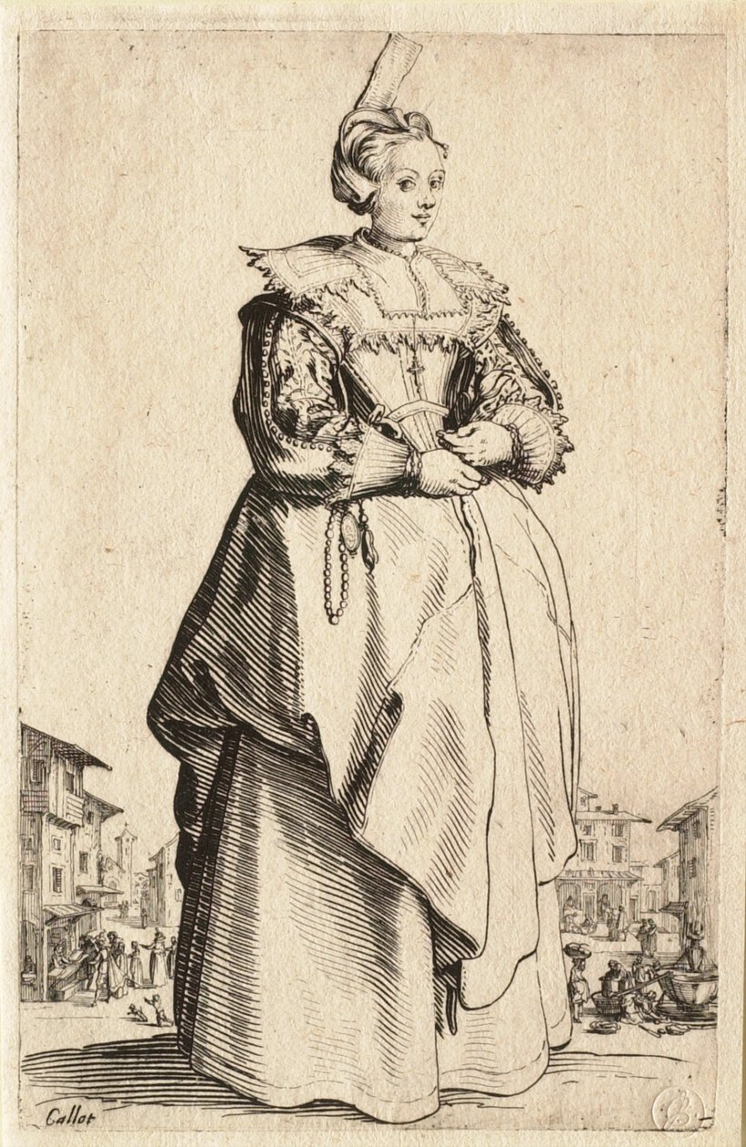 Dáma s malým čepcem vytaženým dozadu (La Dame à la petite coiffe relevée en arrière) od Jacques Callot