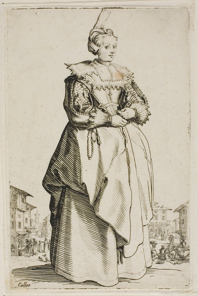 Dáma s malou zvednutou čepičkou, talíř 1 z La Noblesse od Jacques Callot