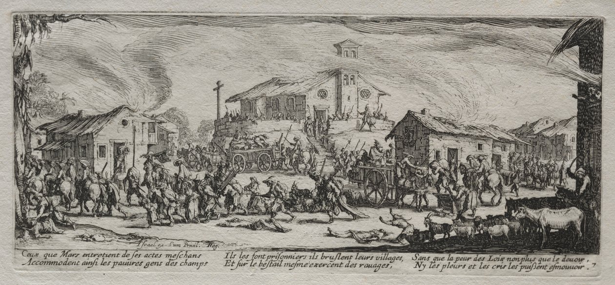 The Large Miseries of War: Drancování a vypalování vesnice od Jacques Callot