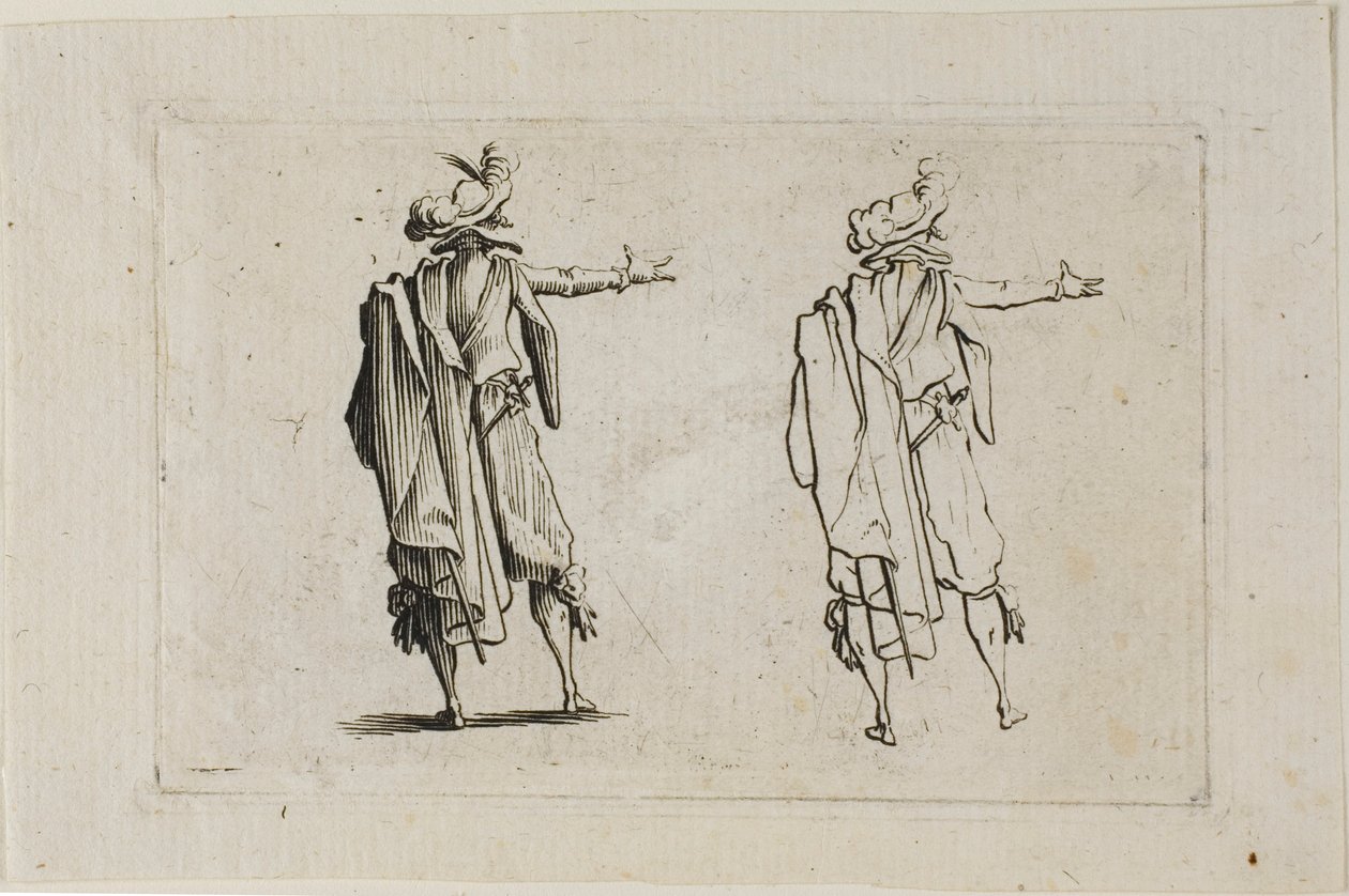 Muž viděný zezadu, pravá paže vztyčená, z The Caprices od Jacques Callot