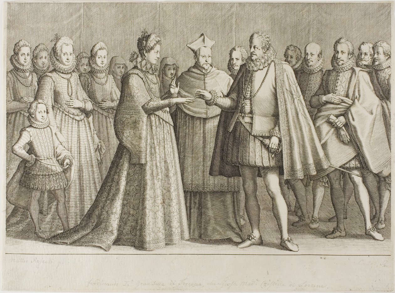 Sňatek Ferdinanda Medicejského a vévodkyně Kristiny Lotrinské, deska 1 ze Života Ferdinanda Medicejského od Jacques Callot