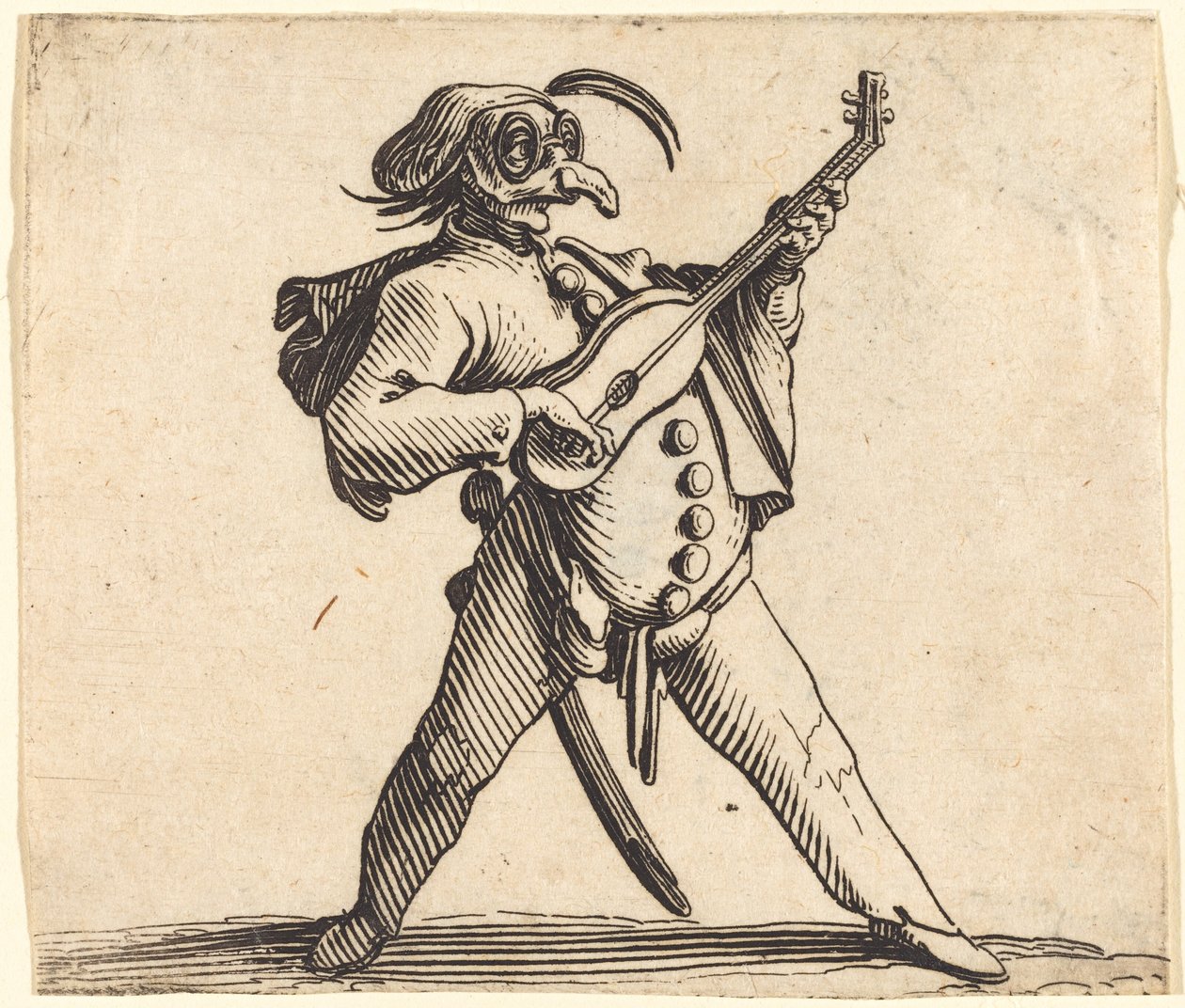 Maskovaný komik hrající na kytaru od Jacques Callot